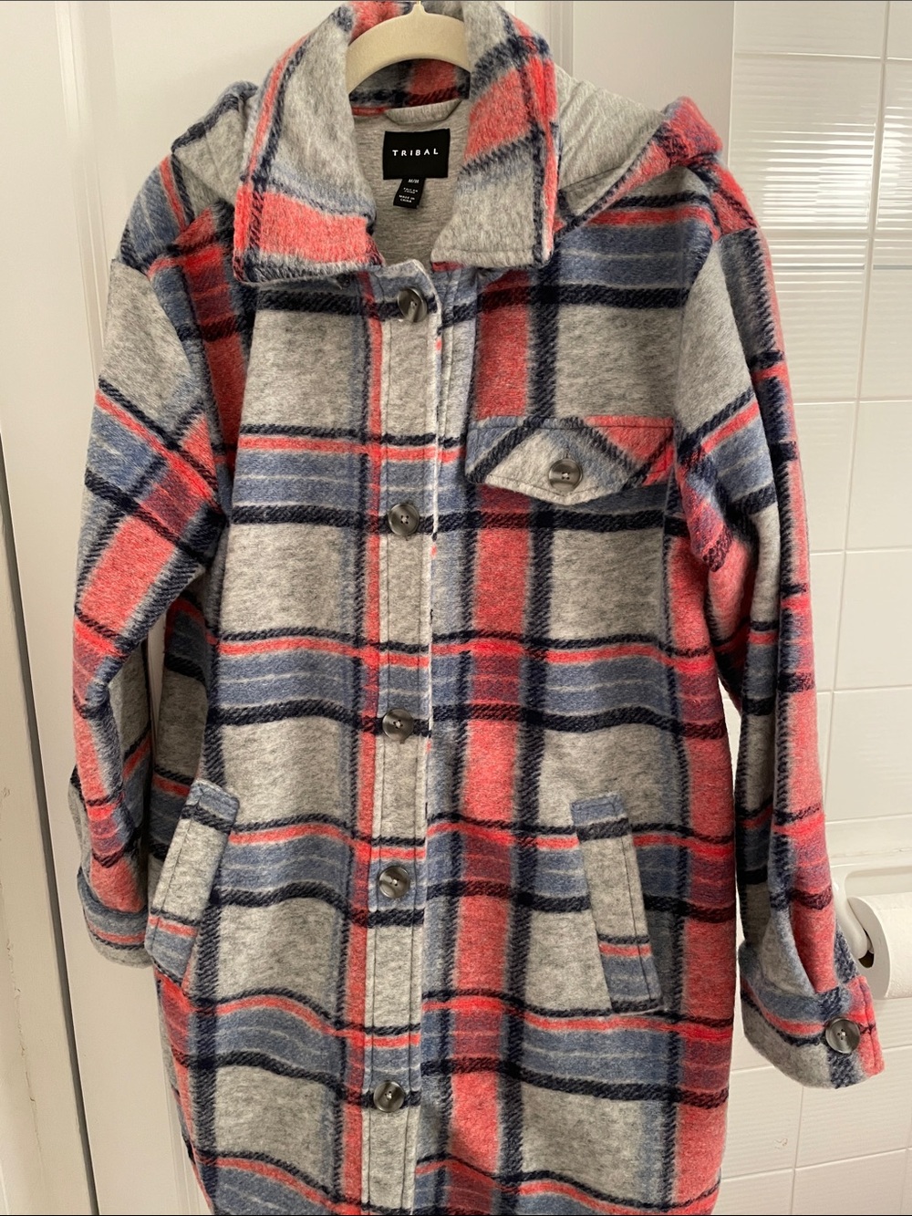 Tribal Gray Plaid Coat with Coral and Navy Stripes